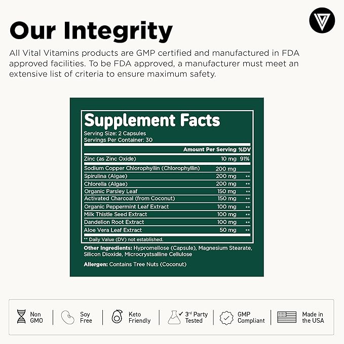 Vital Vitamins Chlorophyll Pills - Body Deodorizing Supplement - Made with Spirulina, Chlorella, Organic Parsley, Mint, & Activated Charcoal - Defeat Odor Naturally - for Women & Men - 60 Capsules