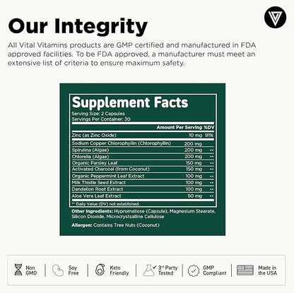 Vital Vitamins Chlorophyll Pills - Body Deodorizing Supplement - Made with Spirulina, Chlorella, Organic Parsley, Mint, & Activated Charcoal - Defeat Odor Naturally - for Women & Men - 60 Capsules