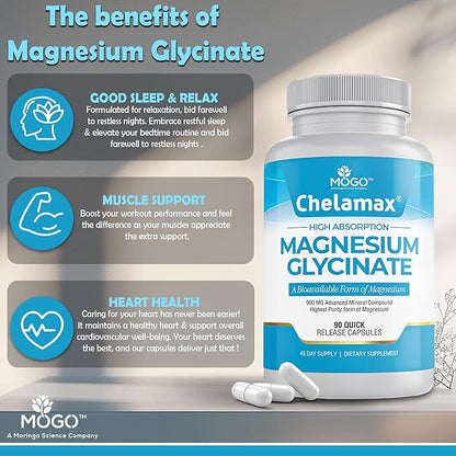 Chelamax Magnesium Glycinate.Dead Sea Magnesium Supplement for Restful Sleep,Muscle Cramps,Nerves,Digestive Support,3rd Party Tested,Heavy Metal Free,Pure Magnesium Glycinate Capsules.