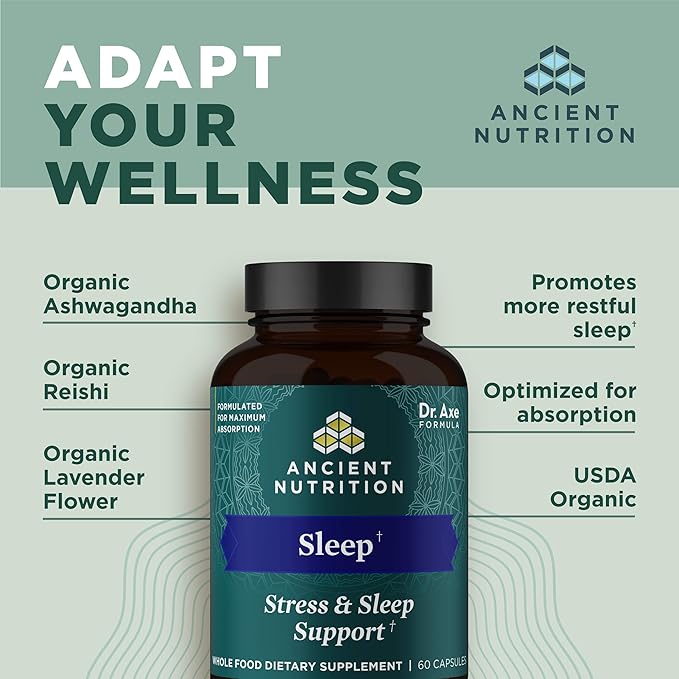 Ancient Nutrition Ashwagandha for Sleep Support, for Stress and Sleep Support, Promotes Mental Relaxation, Gluten Free, Paleo and Keto Friendly, 60 Capsules