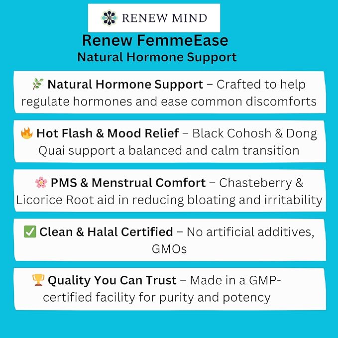 Renew FemmeEase – Hormone Balance Support Supplement for Women | with Black Cohosh, Dong Quai, Chasteberry & Wild Yam | Halal Certified | 60 Vegan Capsules