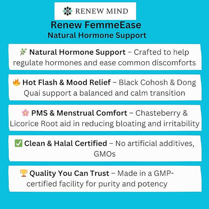 Renew FemmeEase – Hormone Balance Support Supplement for Women | with Black Cohosh, Dong Quai, Chasteberry & Wild Yam | Halal Certified | 60 Vegan Capsules