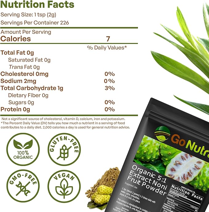 Go Nutra Noni Fruit Powder Organic 5:1 Extract Pure 1lb. (16 oz) Superfood Noni Powder