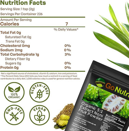 Go Nutra Noni Fruit Powder Organic 5:1 Extract Pure 1lb. (16 oz) Superfood Noni Powder