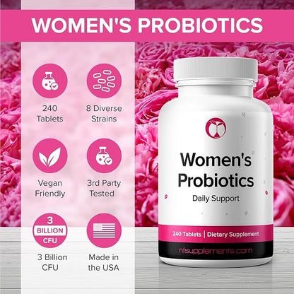 Probiotics for Women Supplement 240 Tablets 3 Billion CFU Made in The USA (240, Women's Probiotics)