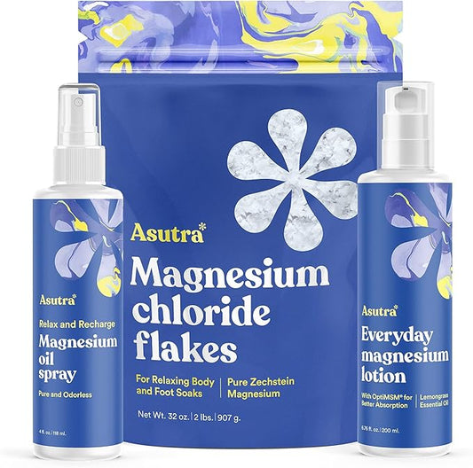 ASUTRA Ultimate Topical Magnesium Bundle, 4 fl oz Magnesium Oil Spray, 4 lb Bag of Magnesium Chloride Bath Flakes, 6.76 fl oz Everyday Magnesium Lotion, Magnesium Derived from Zechstein Seabed