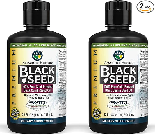 Amazing Herbs Premium Black Seed Oil - Cold Pressed Nigella Sativa Aids in Digestive Health, Immune Support, Brain Function, Joint Mobility, Gluten Free, Non GMO - 32 Fl Oz (Pack of 2)