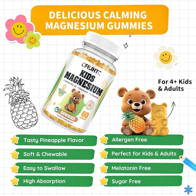 Kids Magnesium Glycinate Gummies with Magnesium Citrate, L-Threonate Supplement for Kids & Adults, with Zinc, Vitamin D3, B12, L-Theanine for Sleep Calm Bone & Muscle Mood, Pineapple 60ct