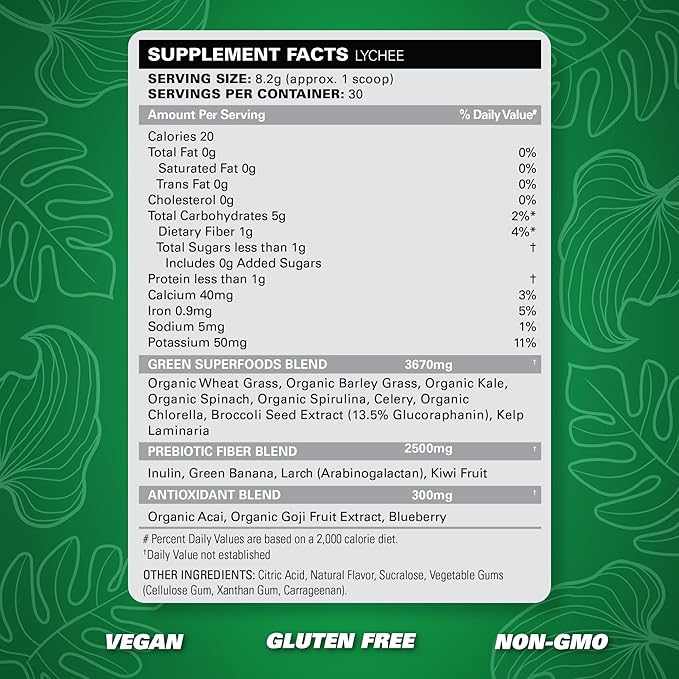 EHP Labs OxyGreens Super Greens Powder - Spirulina & Chlorella Superfood, Green Juice Powder & Greens Supplements with Prebiotic Fibre, Antioxidants & Immunity Support, 30 Serves (Lychee)