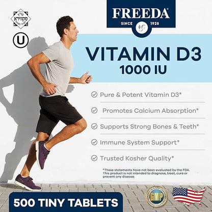 FREEDA Vitamin D3-1000 IU - Pure High Potency Kosher Supplement Tablets - Bone and Muscle Health, Calcium Absorption, Immune Support for Men and Women* - 500 Count