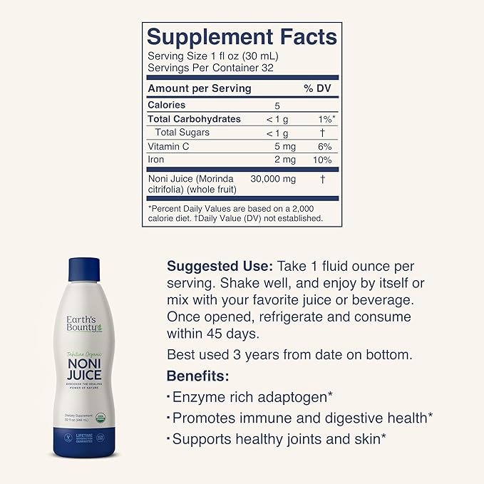 Earth's Bounty Tahitian Organic Noni Juice - 32 fl.oz - 100% Pure, Natural Immune & Joint Support - Organic, Kosher Noni Juice - No Additives