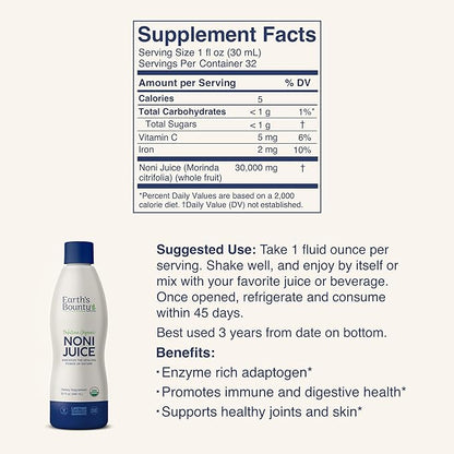 Earth's Bounty Tahitian Organic Noni Juice - 32 fl.oz - 100% Pure, Natural Immune & Joint Support - Organic, Kosher Noni Juice - No Additives