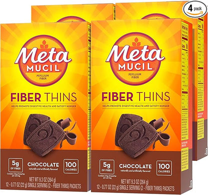 Metamucil, Fiber Thins, Daily Psyllium Husk Fiber Supplement, Supports Digestive Health and Satisfies Hunger, Chocolate Flavor, 48 Total Servings (4 Packs of 12)