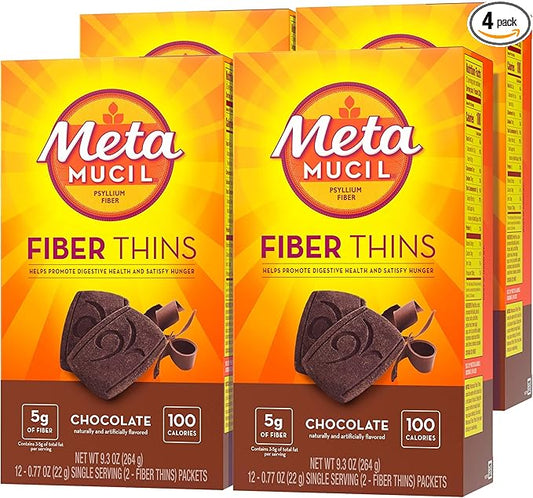 Metamucil, Fiber Thins, Daily Psyllium Husk Fiber Supplement, Supports Digestive Health and Satisfies Hunger, Chocolate Flavor, 48 Total Servings (4 Packs of 12)