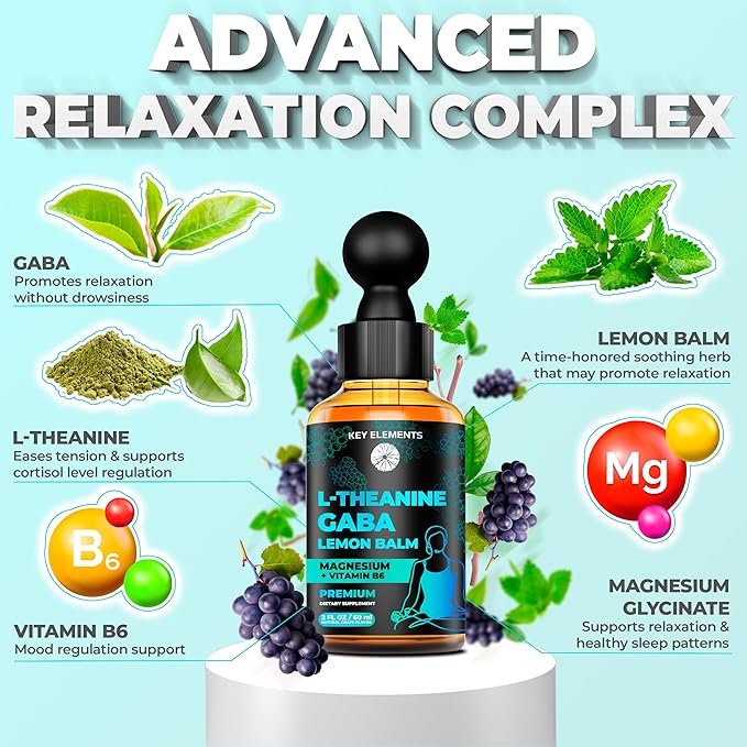 KEY ELEMENTS Liquid GABA with L Theanine Supplement | GABA 500mg and L Theanine 200mg | L-Theanine and GABA Supplements with Lemon Balm Extract, L-Theanine and Magnesium with Vitamin B6 | GABA Drops