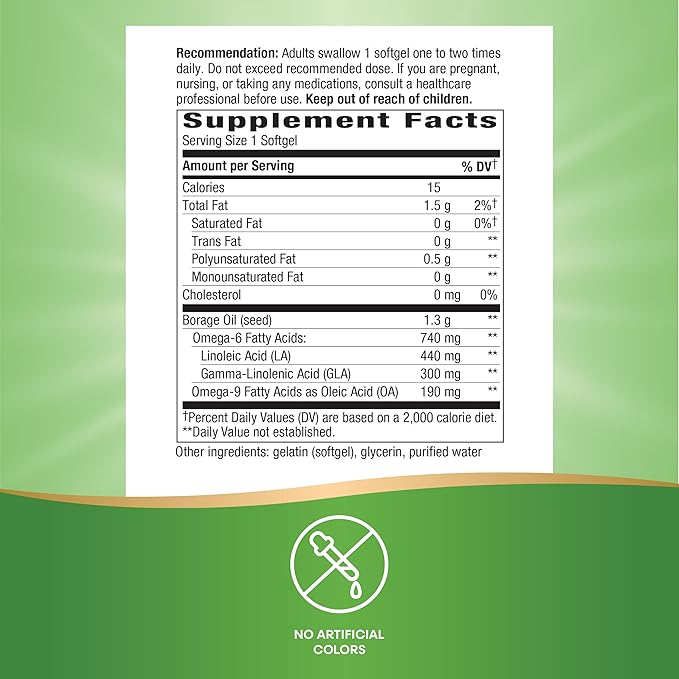 Nature's Way Borage Oil, Cold Pressed & Unrefined, GLA Supplement, 300 mg GLA and 440 mg Linoleic Acid per Serving, 60 Softgels (Packaging May Vary)