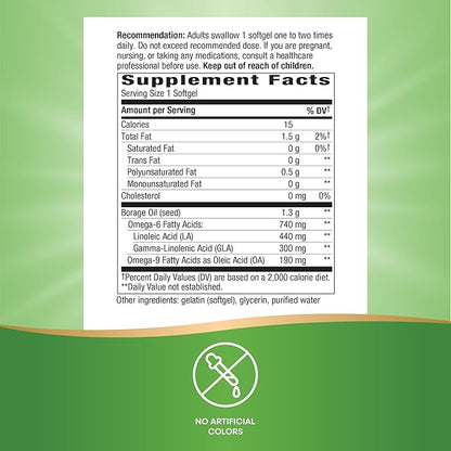 Nature's Way Borage Oil, Cold Pressed & Unrefined, GLA Supplement, 300 mg GLA and 440 mg Linoleic Acid per Serving, 60 Softgels (Packaging May Vary)