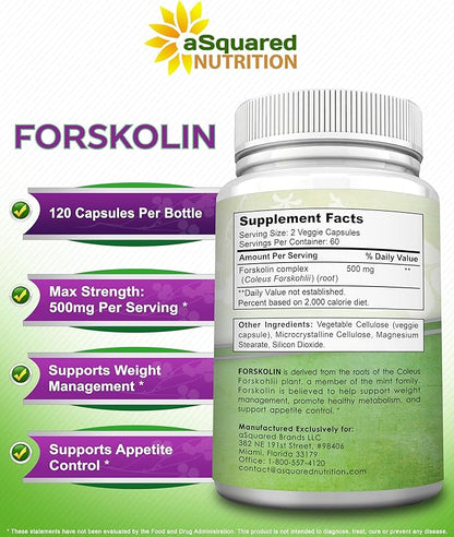 aSquared Nutrition Forskolin 500mg Max Strength -120 Capsules, Natural Supplement for Pure Weight Loss Fuel, Coleus Forskohlii Root-Forskolin Diet Pills, Belly Buster Pure Fat Burner 2X Slim Trim Lose