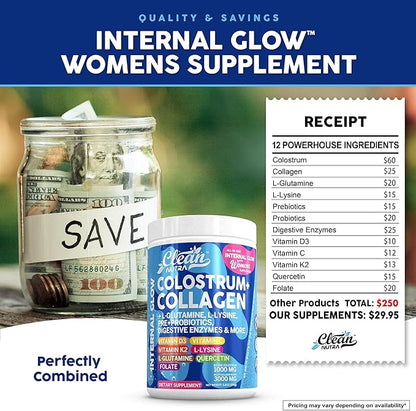 Bovine Colostrum+Collagen Peptides Powder| L-Glutamine L-Lysine Prebiotics Probiotics Digestive Enzymes Vitamin D K2 Vitamin C Quercetin & Folate|Gut Health Supplement Internal Glow By Clean Nutra (1)