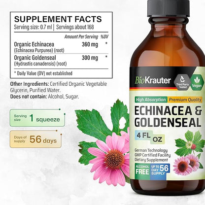 BIO KRAUTER Echinacea and Goldenseal Root Liquid Extract - Natural Immune Support - Echinacea Drops with Goldenseal - Vegan, Alcohol & Sugar Free Tincture - 4 Fl.Oz.