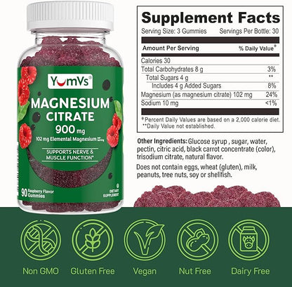 YUM-V'S Magnesium Citrate Gummies - 900mg Magnesium (102mg of Elemental Magnesium) - Highly Absorbable Supports Nerve, Enzyme & Muscle Function for Adults - 90 Count (Pack of 2)