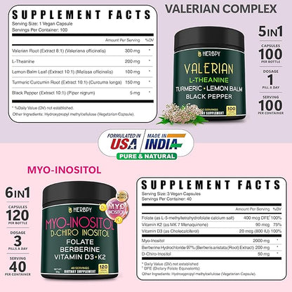 Bundle 5in1 Valerian Root Supplement 100 Count & 6in1 Myo-inositol & D-Chiro Inositol Supplement for Women 120 Count - Support Restful Night, Relaxation, Heart & Overall Health