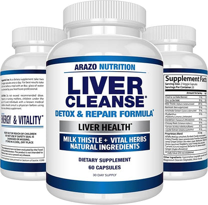 Arazo Nutrition Liver Cleanse Detox & Repair Formula – Milk Thistle Herbal Support Supplement: Silymarin, Beet, Artichoke, Dandelion, Chicory Root