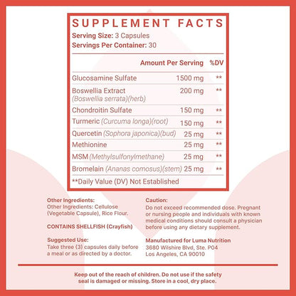 Luma Nutrition Glucosamine Chondroitin MSM - Turmeric, Boswellia - Premium Supplement - for Men and Women - Joint Supplement - 90 Capsules