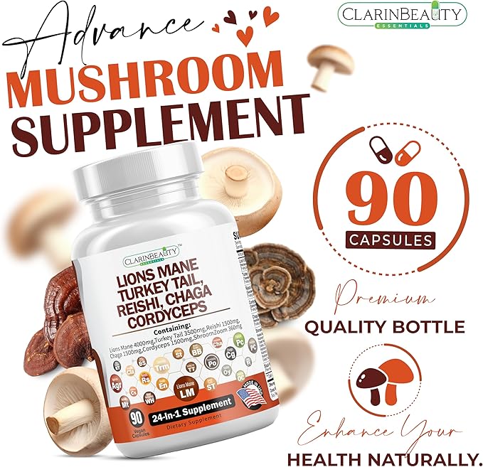 Extra Strength Lions Mane 4000mg Mushroom Supplement Turkey Tail 3500mg (Reishi, Cordyceps, Chaga 1500mg each) Maitake Meshima Poria Cocos Shiitake Oyster Porcini Enoki 90 Capsules Made In USA