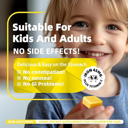 Iron Soft Chew Supplement with Vitamin C | Pineapple Flavored | Gluten Free | Iron Supplement for Women Men and Kids | 60 Count | 2 Month Supply