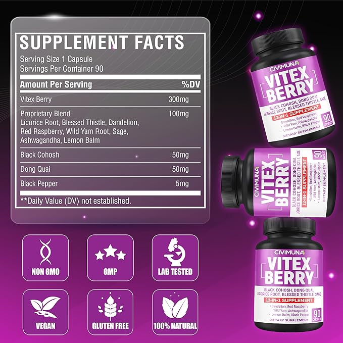 Vitex Berry Extract Capsules with Vitex Berry, Black Cohosh Root, Dong Quai Root and More - 90 Capsules for 3 Months Supply