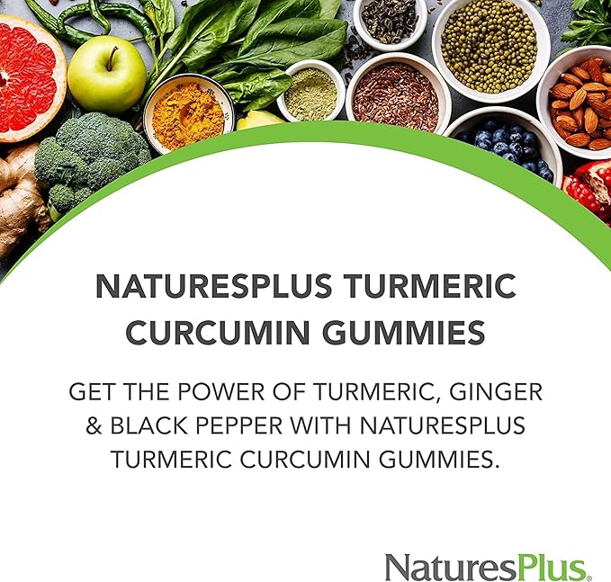 Natures Plus Gummies Turmeric Curcumin - 60 Gummies, Peach - Supports Joint, Digestive & Cardiovascular Health - Vegan, Gluten Free, Non-GMO - 30 Servings