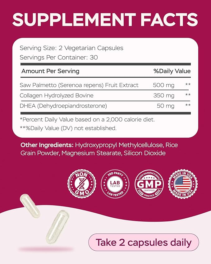 Improved Complex Saw Palmetto for Women Wellness with DHEA Supplement and Collagen Peptides 900mg - Advanced Formula for Hair Skin and Nails - Vitamins & DHT Blocker for Women Hair Growth 60 Capsules