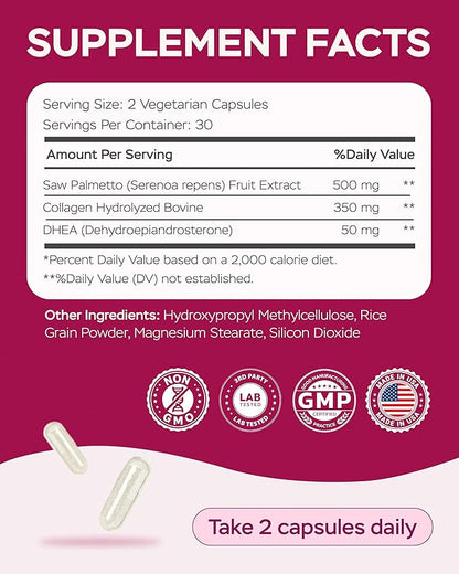 Improved Complex Saw Palmetto for Women Wellness with DHEA Supplement and Collagen Peptides 900mg - Advanced Formula for Hair Skin and Nails - Vitamins & DHT Blocker for Women Hair Growth 60 Capsules