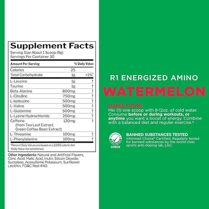 Rule 1 Energized Amino – Anytime Energy and Recovery Support with BCAAs, Glutamine, Citrulline, Beta Alanine, and Caffeine from Green Coffee & Tea Leaf Extracts (30 Servings, Watermelon)