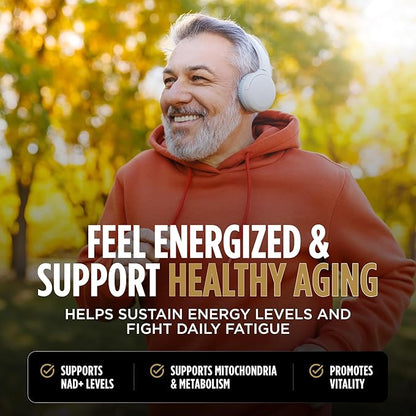NAD+ Support Supplement with Nicotinamide Riboside, Pterostilbene, Green Tea Extract, EGCG, and Piperine – Energy, Cellular Health, Metabolism, and Immune Support – 60 Capsules