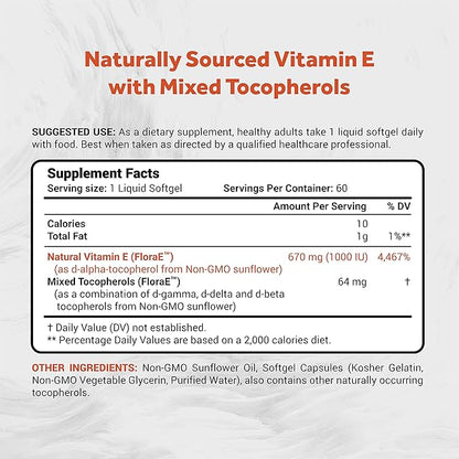 Sunflower Vitamin E 670mg (1000 IU) with Mixed Tocopherols | Essential Skin Vitamin & Immune Support | Non-GMO, Soy & Gluten Free | 60 Softgels