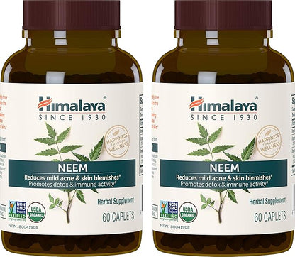Himalaya Organic Neem Herbal Supplement, for Mild Acne & Clear Skin, Purifying, Ayurvedic, USDA Certified Organic, Non-GMO, Vegan, 600 mg, 60 Plant Based Caplets, 2 Pack