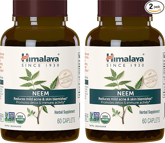Himalaya Organic Neem Herbal Supplement, for Mild Acne & Clear Skin, Purifying, Ayurvedic, USDA Certified Organic, Non-GMO, Vegan, 600 mg, 60 Plant Based Caplets, 2 Pack