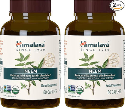 Himalaya Organic Neem Herbal Supplement, for Mild Acne & Clear Skin, Purifying, Ayurvedic, USDA Certified Organic, Non-GMO, Vegan, 600 mg, 60 Plant Based Caplets, 2 Pack