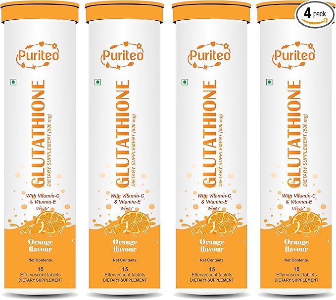 Glutathione 15 Effervescent Tablets with Vitamin C & E, for Clear Skin & Hydration, No Added Sugar, Orange Flavour - (15 Tablets, Pack of 4)