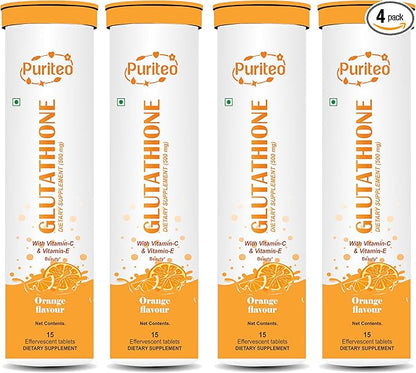 Glutathione 15 Effervescent Tablets with Vitamin C & E, for Clear Skin & Hydration, No Added Sugar, Orange Flavour - (15 Tablets, Pack of 4)