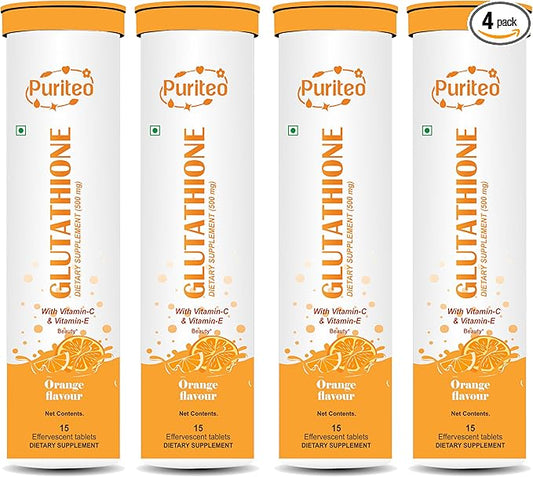 Glutathione 15 Effervescent Tablets with Vitamin C & E, for Clear Skin & Hydration, No Added Sugar, Orange Flavour - (15 Tablets, Pack of 4)