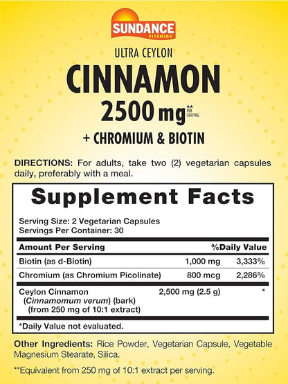 Sundance Ceylon Cinnamon Capsules 2500mg | 60 Pills | with Chromium and Biotin | Vegetarian, Non-GMO, and Gluten Free Supplement