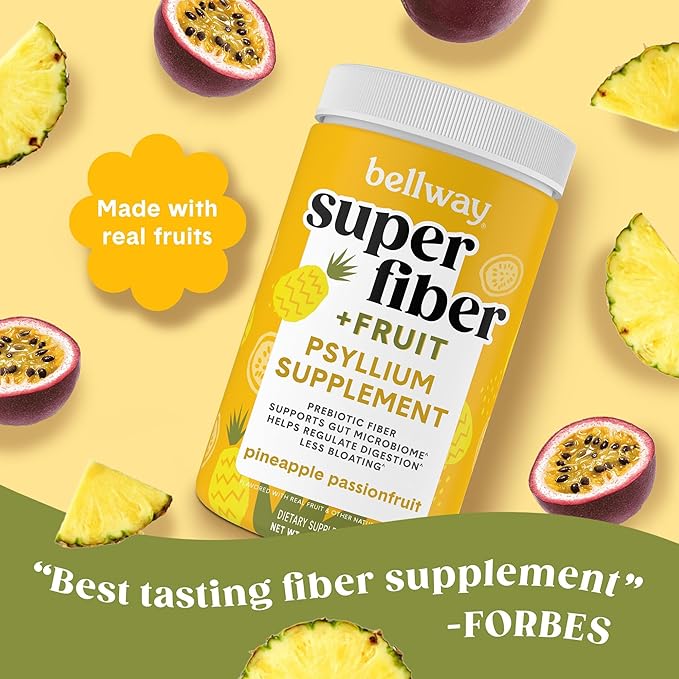 Bellway Super Fiber Powder + Fruit, Sugar Free Organic Psyllium Husk Powder Fiber Supplement for Regularity, Bloating Relief & Gut Health, Non-GMO, Plant-Based, Pineapple Passion Fruit (50 Servings)