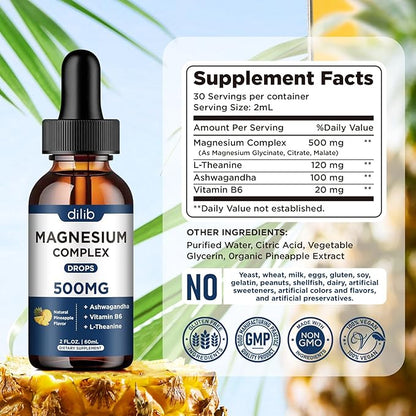 Magnesium Glycinate Liquid Drops 500mg - Triple Magnesium Complex Supplement with Citrate, Malate, Ashwagandha, L-Theanine, Vitamin B6 for Sleep, Stress Relief, Muscle, Pineapple Flavor 4 Fl Oz