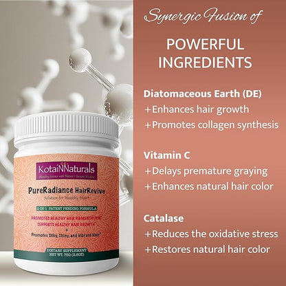 KotaiNNaturals Pure Radiance Hair Revive Unflavored Powder– 2-in-1 Supplement for Hair Growth & Gray Hair Reversal, Plus Collagen-Boosting Benefits for Skin, Nails, and Bones – for Men & Women
