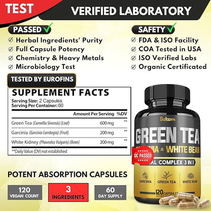 Green Tea Extract Pill EGCG 16000Mg per Serving with 12000Mg Green Tea, 2000Mg Garcinia Cambogia & 2000Mg White Kidney Bean - Support Body Balance, Heart & Immune Health - 120 Capsules 2 Month Supply