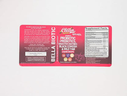 Liquid Probiotics for Women Drops with Chasteberry, Black Cohosh, Prebiotics, Digestive Enzymes, Evening Primrose Oil, Wild Yam, Cranberry Dmannose and Iron Vitamin D3 K2 Clean Nutra Bella Biotics