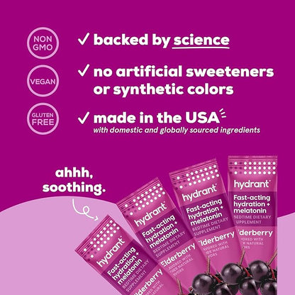 Hydrant Sleep, Individual Hydrating Rest and Recovery Powder Stick Packets with a Blend of Melatonin, L-Theanine, Magnesium, & Chamomile (Elderberry, 30 Pack)